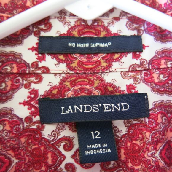 Lands End Women's Supima Red White Damask Button Down 3/4 Sleeves Size 12 NWOT - Picture 4 of 10